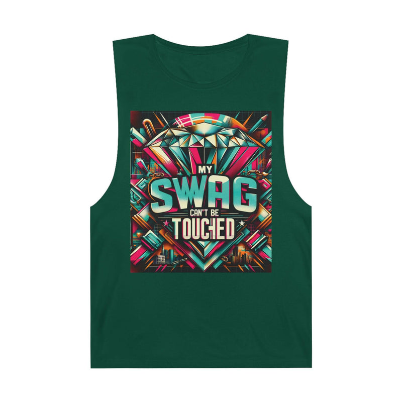 Unisex graphic tank top in dark green with colorful "My Swag Can't Be Touchied" design, casual summer wear for beach and festivals