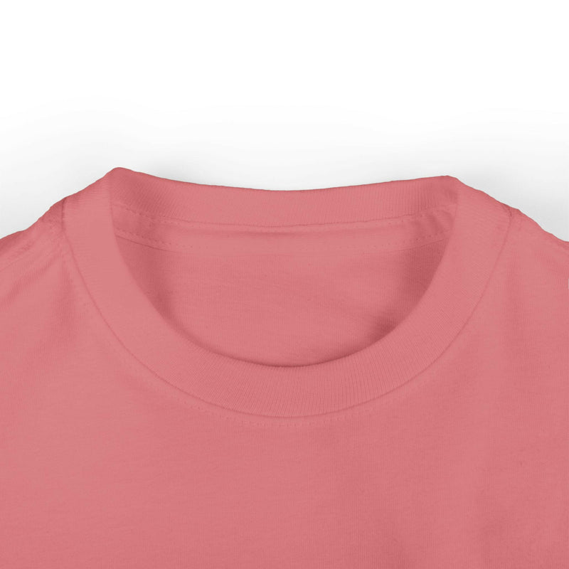 Close-up of a pink infant fine jersey tee with a ribbed knit collar and smooth fabric for babies.