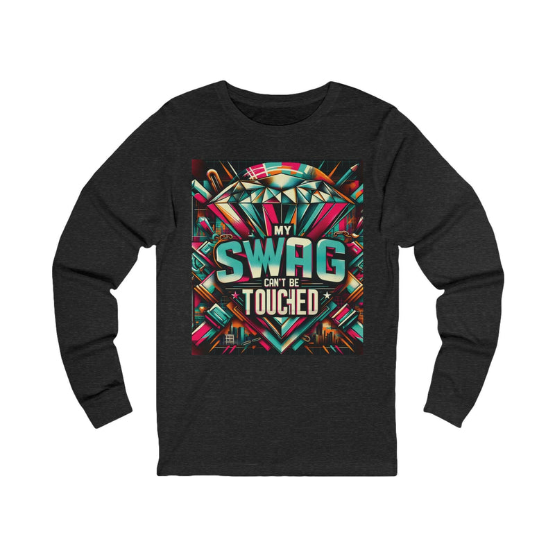 Black unisex long sleeve tee with colorful "My Swag Can't Be Touched" graphic design, casual fashion top.