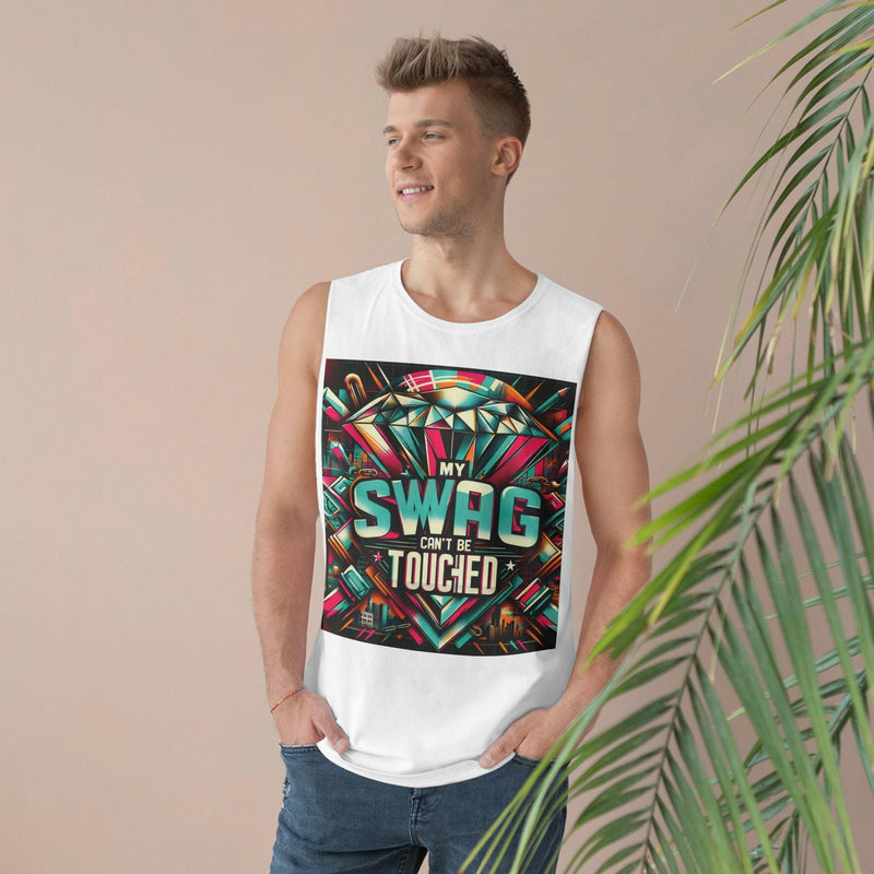 Man wearing white unisex graphic tank top with colorful "My Swag Can't Be Touched" design, casual summer style.