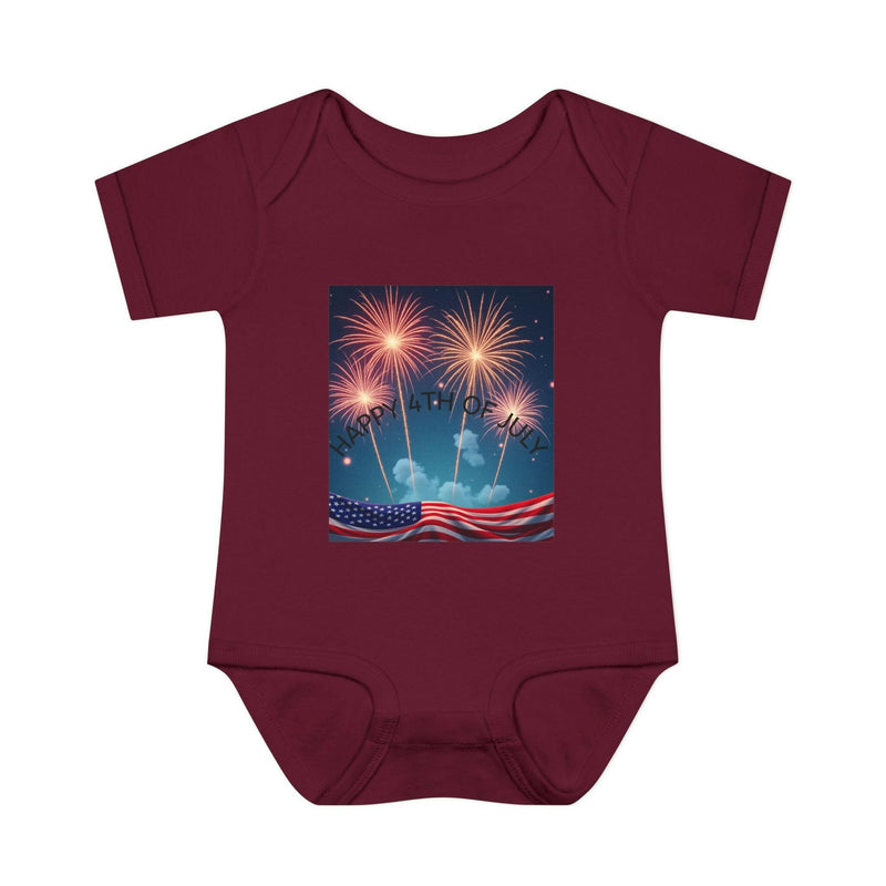 Independence Day baby bodysuit featuring patriotic design ideal for newborn celebrations and festive attire