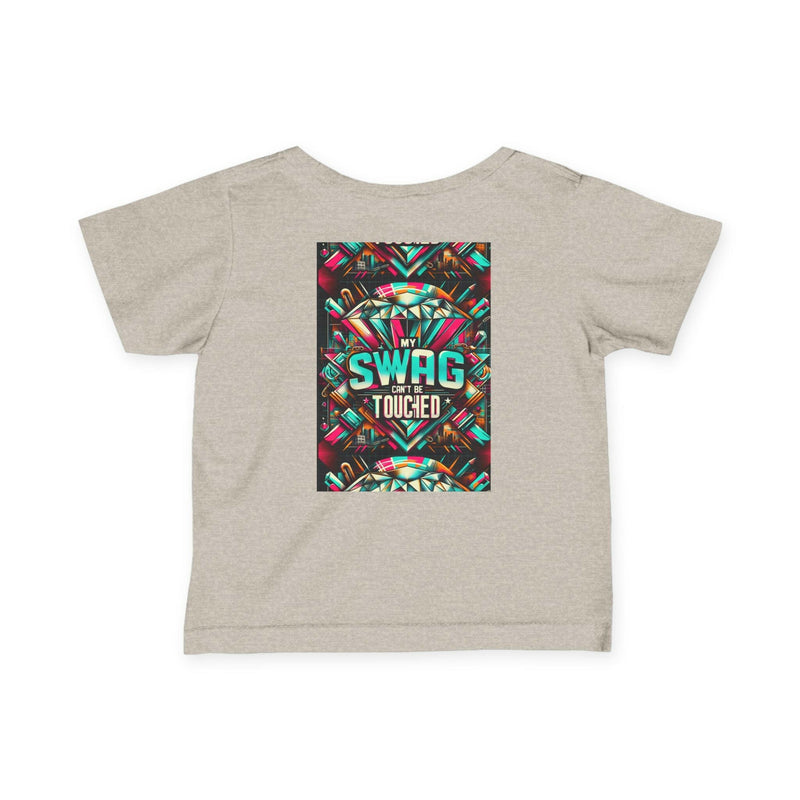 Cool Infant Fine Jersey Tee with vibrant "My Swag Can't Be Touched" graphic, soft cotton fabric, and durable construction for babies.