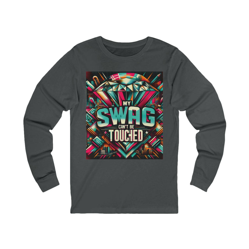 Swag Long Sleeve Tee in dark gray with colorful graphic and text "My Swag Can't Be Touched" on front, unisex casual jersey shirt.