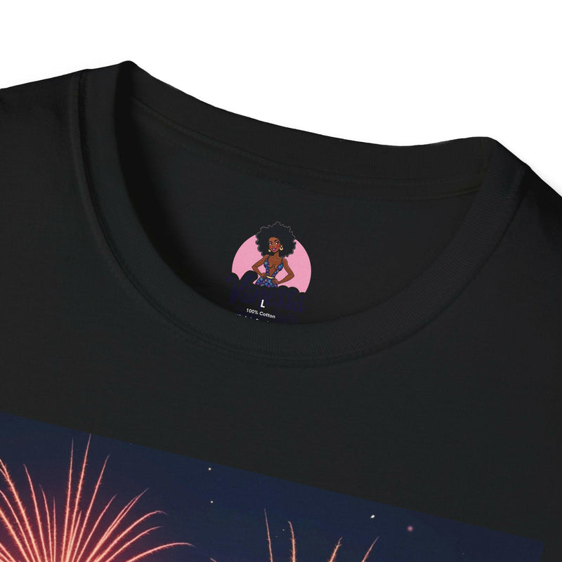 Patriotic shirt featuring vibrant fireworks design, ideal for national celebrations and festive events