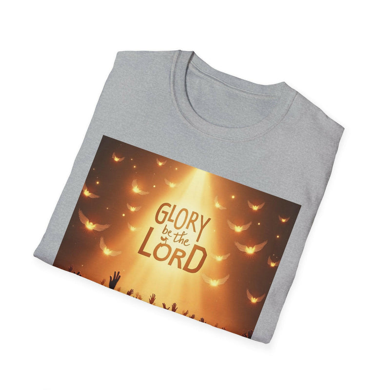 Folded grey unisex Softstyle t-shirt with "Glory be to the Lord" inspirational Christian design featuring glowing light and hands raised in worship.