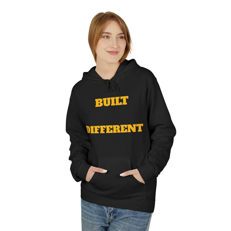 Unisex black casual hoodie with "BUILT DIFFERENT" yellow text, soft fleece, relaxed fit, pouch pocket, and 2-piece hood design.