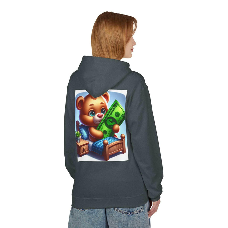 Unisex dark hoodie with cartoon bear holding dollar bill printed on the back, soft fleece casual sweatshirt, relaxed fit Built Differently Blessing design