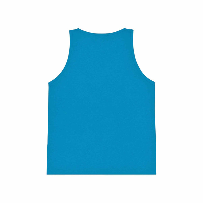 Blue back view of inspirational kid's jersey tank top with stretchable ribbed collar and armholes
