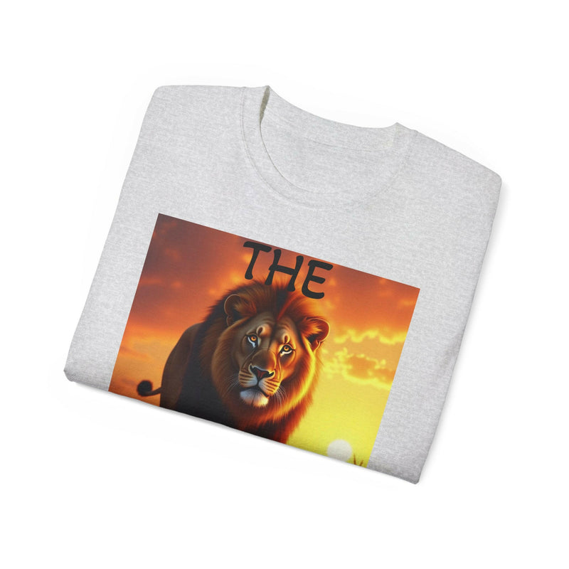 Folded light gray Lion King Unisex Ultra Cotton Tee featuring a bold lion graphic with a sunset background.
