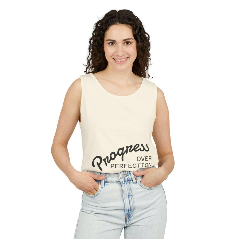 Progress Over Perfection Tank Top, Unisex Inspirational Top, Cute Bear Graphic Tank, Motivational Gift, Casual Summer Wear