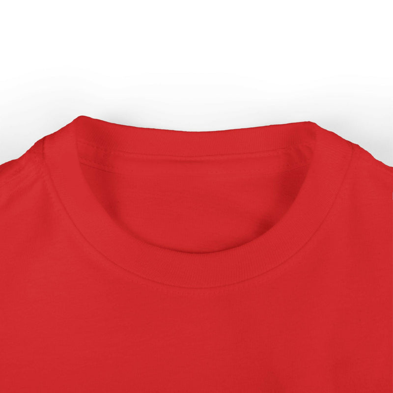 Close-up of bright red cool infant fine jersey tee shirt collar with smooth fabric and ribbed knit neckline