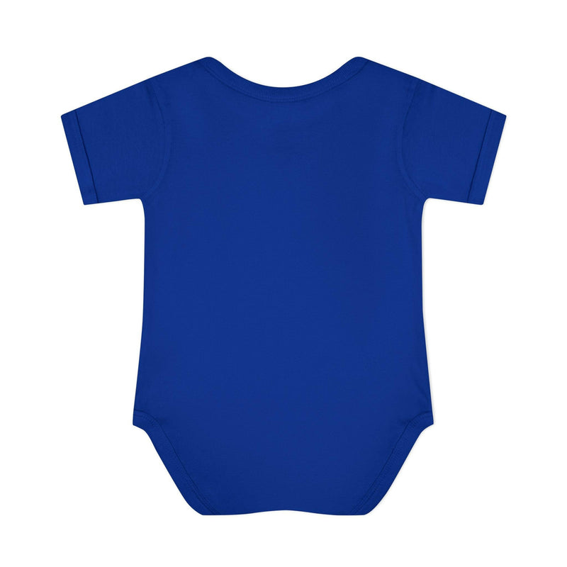 Blue baby bodysuit made of soft cotton with short sleeves and snap closure for easy dressing