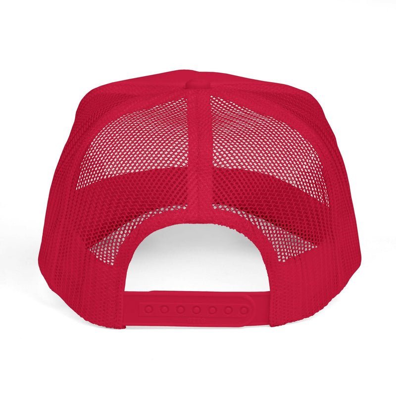 Embroidered trucker hat showcasing detailed needlework and mesh back design for stylish, breathable headwear.