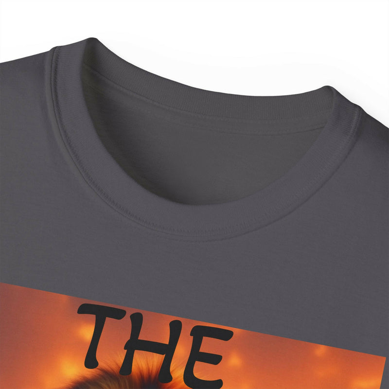 Close-up of Lion King unisex ultra cotton tee with bold inspirational graphic and ribbed knit collar in dark gray