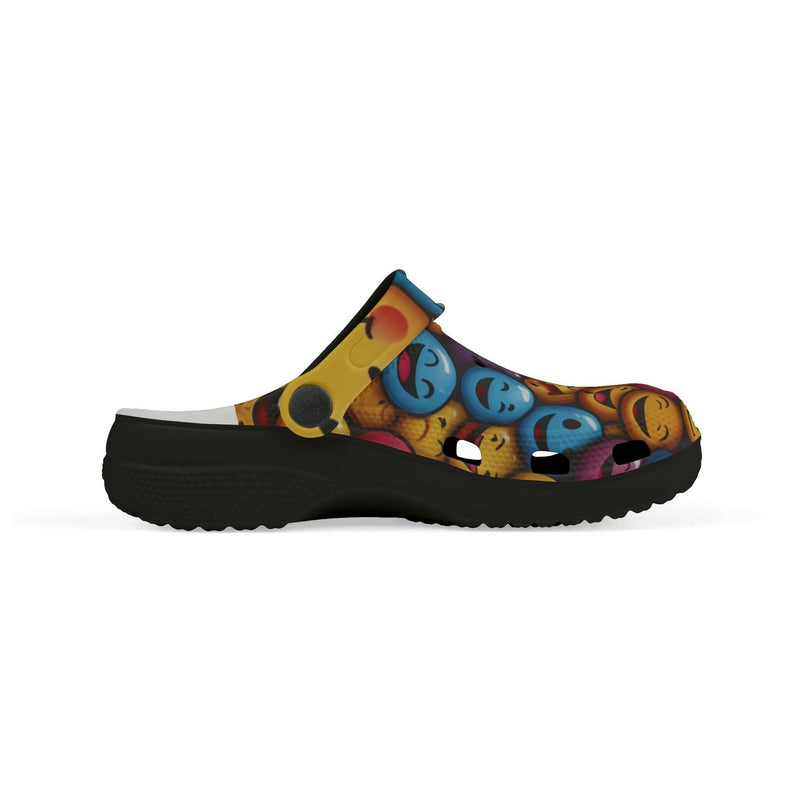 Smiling emoji wearing traditional wooden clogs, symbolizing happiness and cultural footwear fusion.