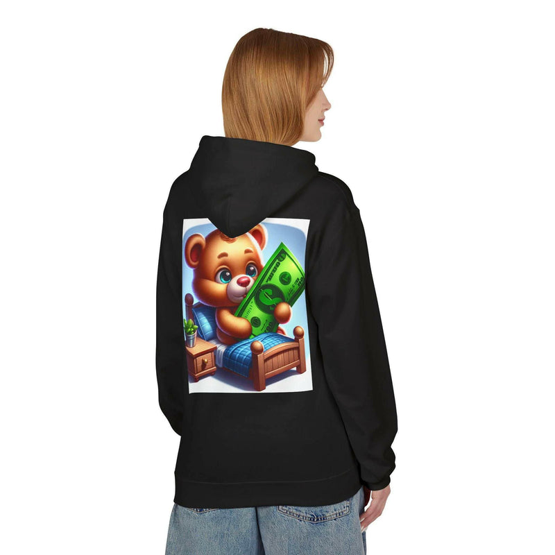 Unisex black Built Differently Blessing hoodie with soft fleece, relaxed fit, and cartoon bear holding a dollar bill graphic on the back.