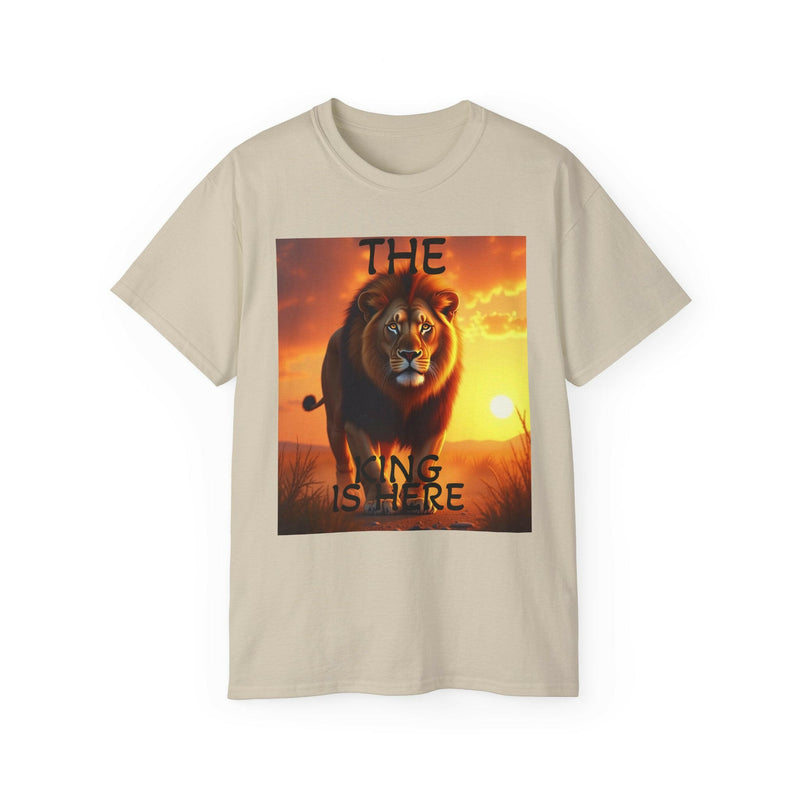 Unisex ultra cotton tee with bold Lion King graphic and sunset background