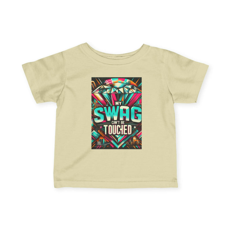 Cool Infant Fine Jersey Tee with vibrant "My Swag Can't Be Touched" graphic, soft fabric, and classic fit for stylish babies.