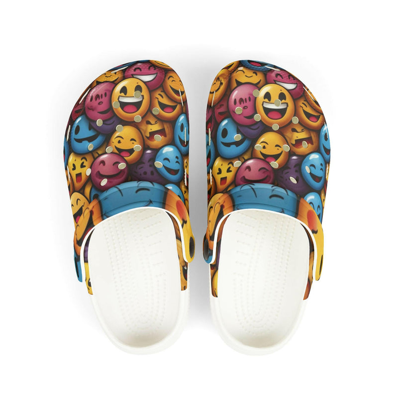 Smiling emoji wearing traditional wooden clogs, symbolizing happiness and cultural footwear fusion.