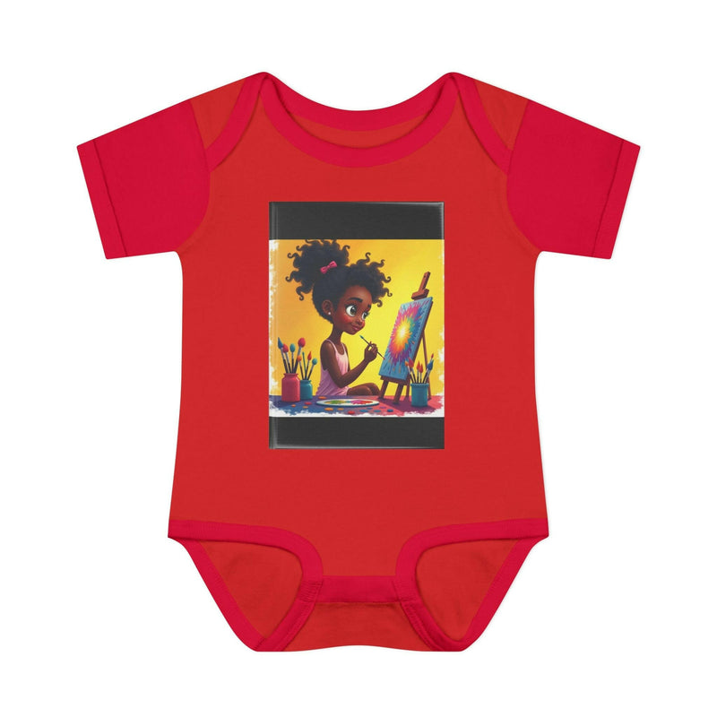 Red baby bodysuit with illustration of a young girl painting on canvas, made of 100% cotton, designed for comfort and positivity.