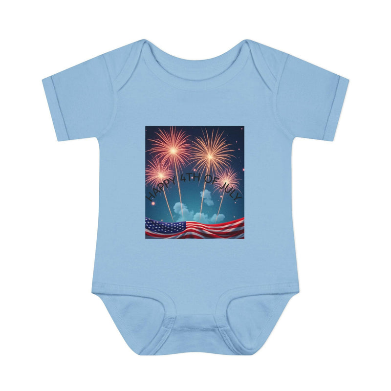 Independence Day baby bodysuit featuring patriotic design ideal for newborn celebrations and festive attire