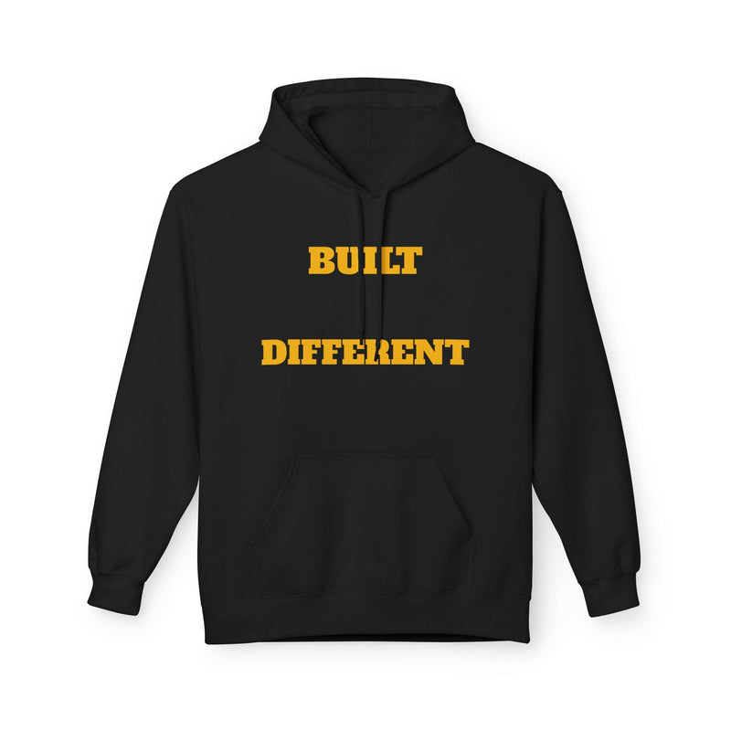 Black unisex hoodie with "Built Different" text in bold yellow, soft fleece pullover with pouch pocket and 2-piece hood, casual lightweight sweatshirt.