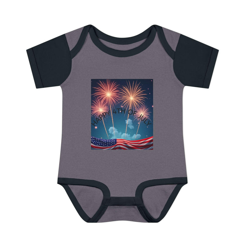 Independence Day baby bodysuit featuring patriotic design ideal for newborn celebrations and festive attire