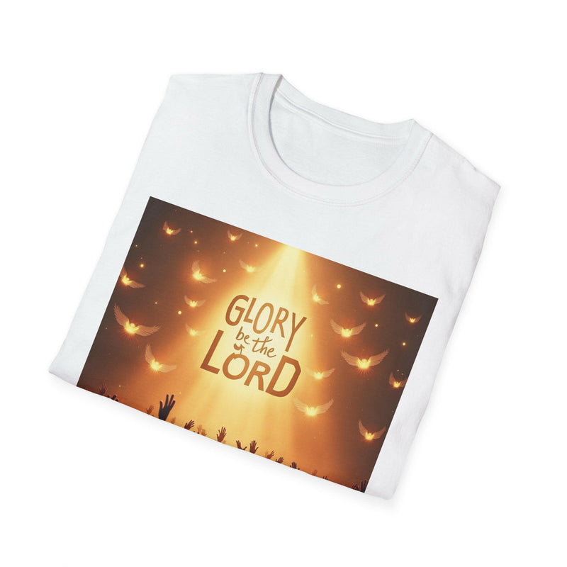 White unisex Softstyle T-shirt with "Glory be to the Lord" inspirational Christian graphic and glowing dove design