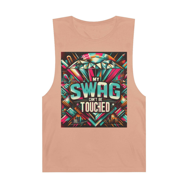Unisex graphic tank top in peach with colorful "My Swag Can't Be Touched" design, sleeveless casual summer wear.