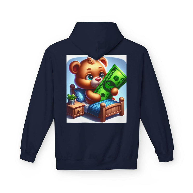 Navy unisex hoodie with soft fleece, featuring a cute teddy bear holding money graphic and pouch pocket, lightweight casual outerwear.