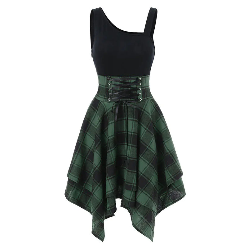 2025 Women's Fashion Plaid Strap Dress with Irregular Hem.
