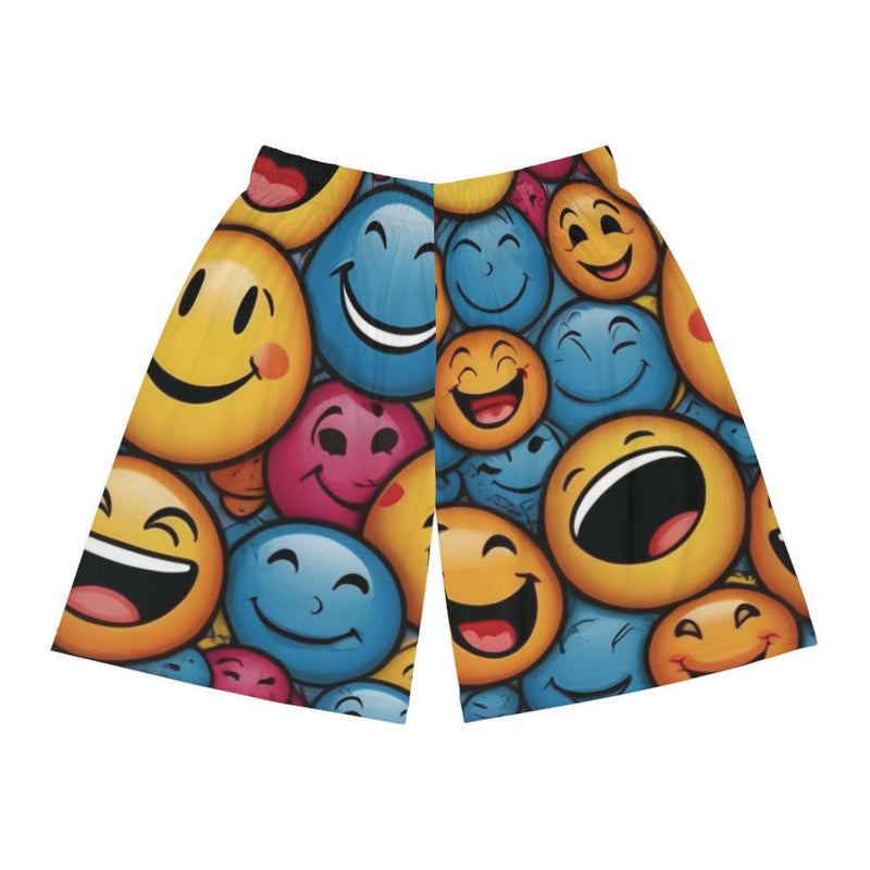 Smiley face design on basketball shorts showcasing a cheerful and sporty style perfect for athletic wear.