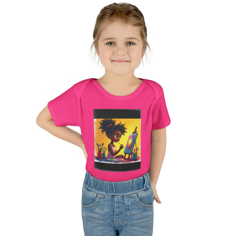 Pink baby bodysuit with positive young artist illustration, comfortable cotton infant romper for newborns and toddlers.
