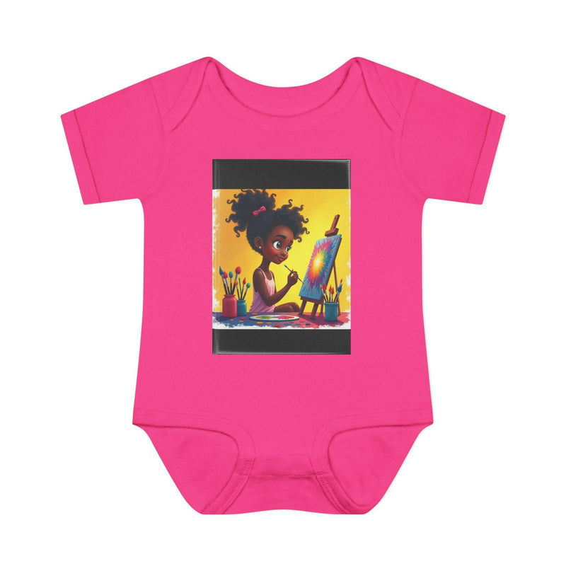 Pink baby bodysuit with illustration of a child painting on an easel, made of soft cotton, unisex infant romper.