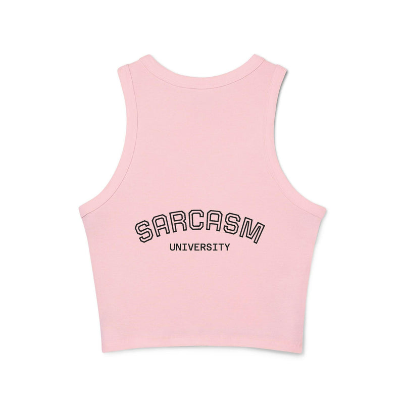 Graphic Racer Tank Top featuring Sarcasm University design, perfect casual wear for sarcasm enthusiasts and graphic tee lovers.