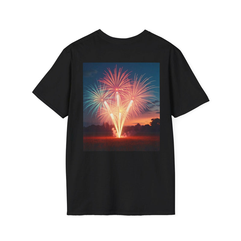Patriotic shirt featuring vibrant fireworks design, ideal for national celebrations and festive events