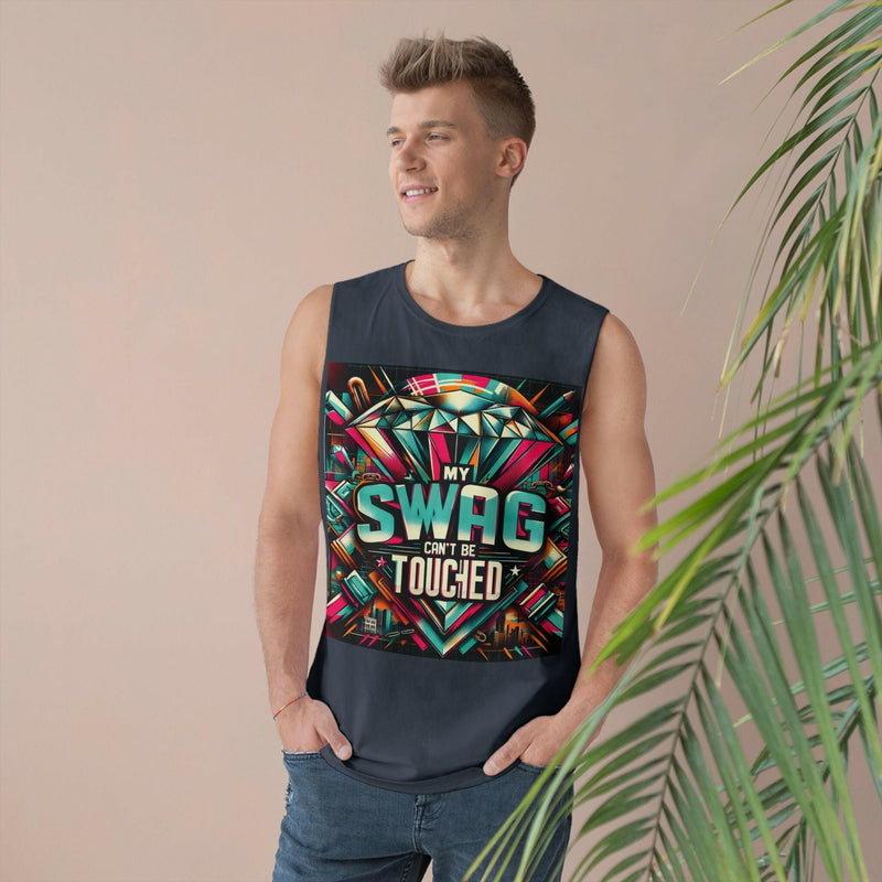 Man wearing dark unisex graphic tank top with colorful "My Swag Can't Be Touched" design, casual summer wear.