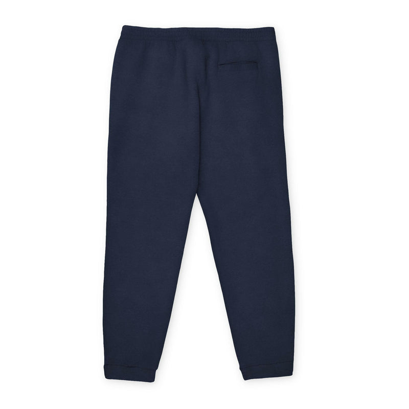 Navy blue cozy unisex fleece joggers with elastic waistband, cuffed hems, and back pocket.