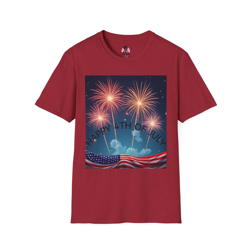 Patriotic shirt featuring vibrant fireworks design, ideal for national celebrations and festive events