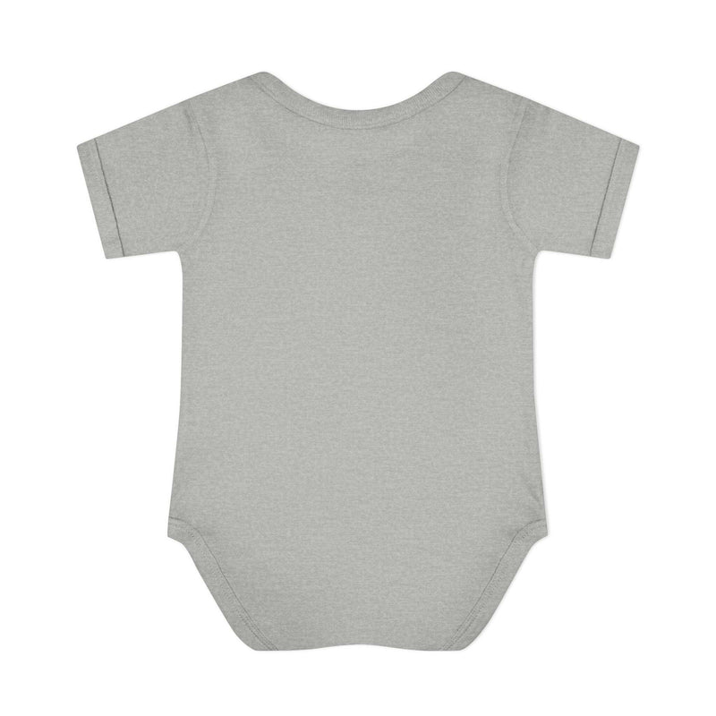 Gray baby bodysuit made of 100% combed cotton with lap shoulder design and three-snap closure for infants.