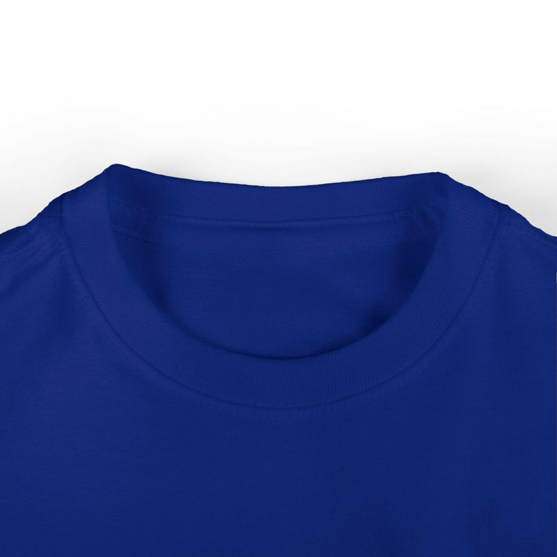 Close-up of a royal blue cool infant fine jersey tee neckline with ribbed knit collar and smooth fabric