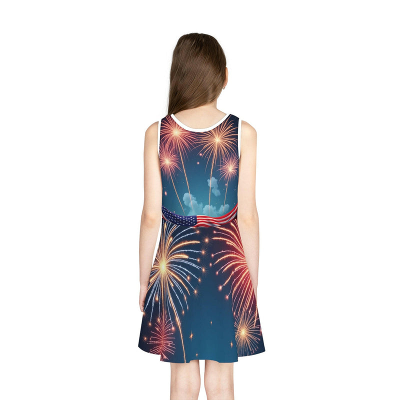 Happy 4th of July celebration with girls' sundress featuring patriotic red, white, and blue colors