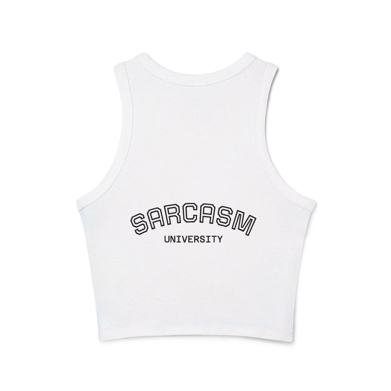 Graphic Racer Tank Top featuring Sarcasm University design, perfect casual wear for sarcasm enthusiasts and graphic tee lovers.