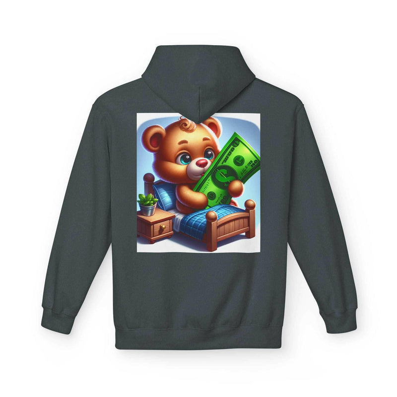Built Differently Blessing casual unisex hoodie with teddy bear holding dollar bill graphic on back, soft fleece, relaxed fit pullover sweatshirt.