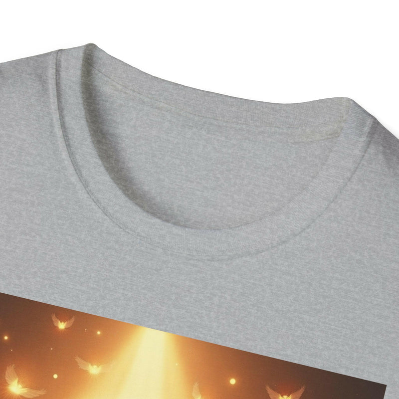 Close-up of a grey unisex Softstyle T-shirt with "Glory to the Lord" inspirational Christian design and a ribbed knit collar