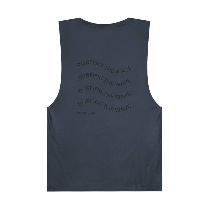 Unisex graphic tank top in dark blue with "Surfing the Wave" text design on back, casual summer beachwear and workout style.