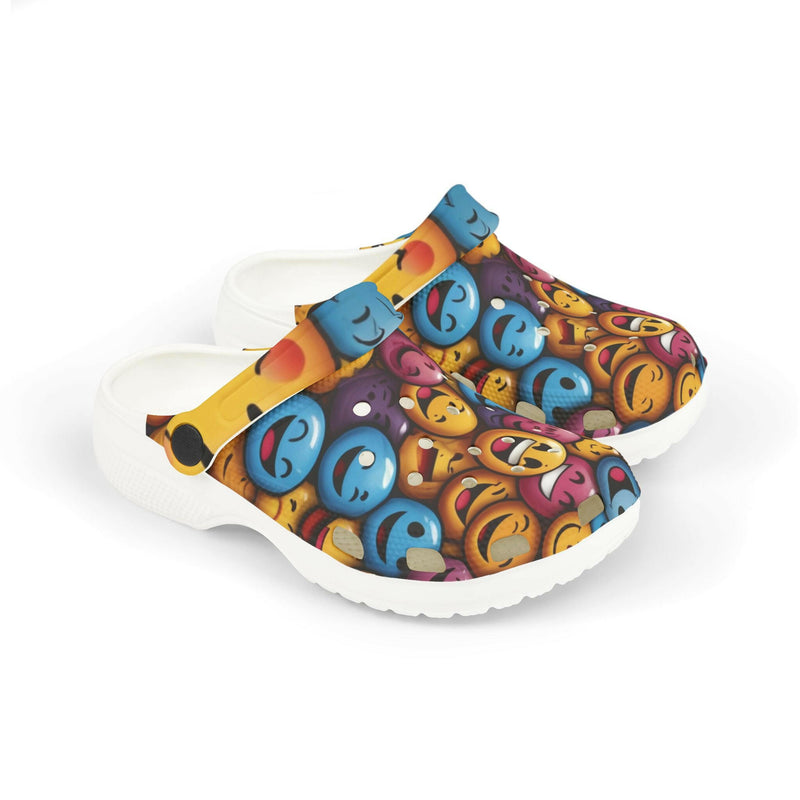 Smiling emoji wearing traditional wooden clogs, symbolizing happiness and cultural footwear fusion.