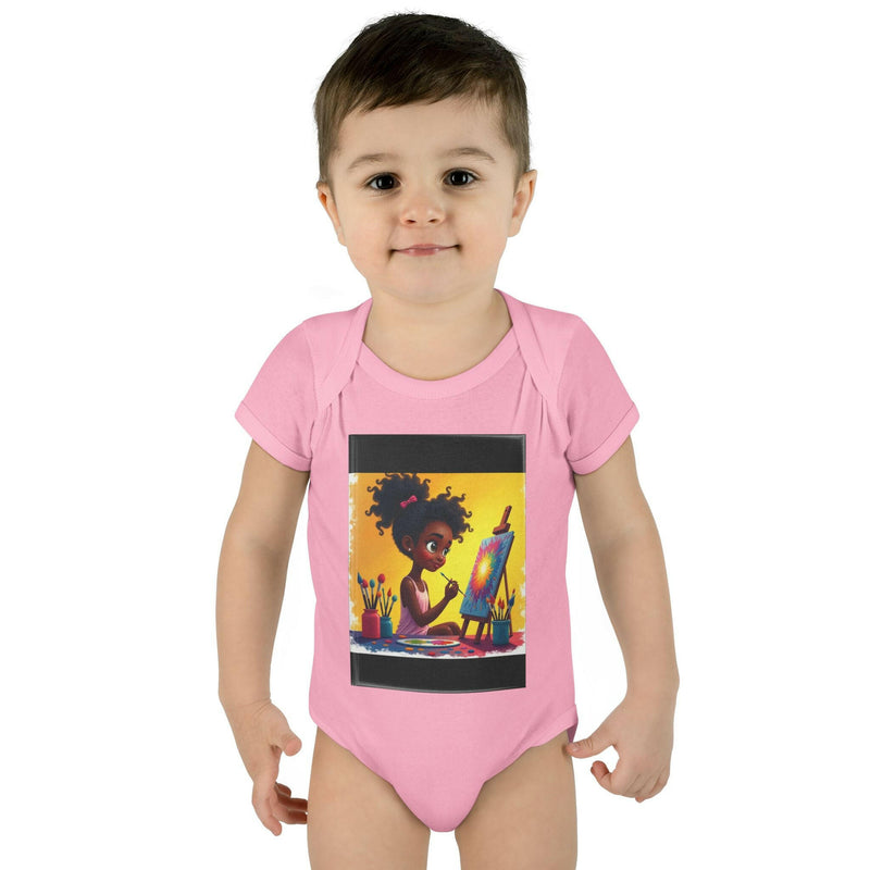 Pink baby bodysuit with colorful painting girl illustration, comfortable unisex infant romper for positivity and style