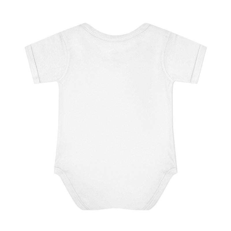 White baby bodysuit made of 100% combed cotton with lap shoulder design and three-snap closure for infants.