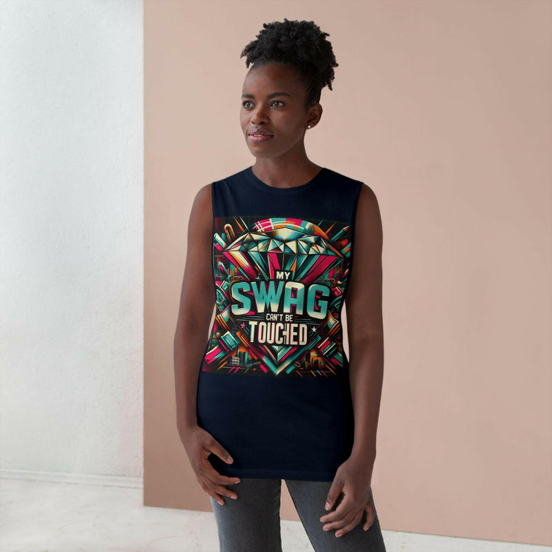 Unisex graphic tank top with colorful "My Swag Can't Be Touched" design, sleeveless casual summer wear.